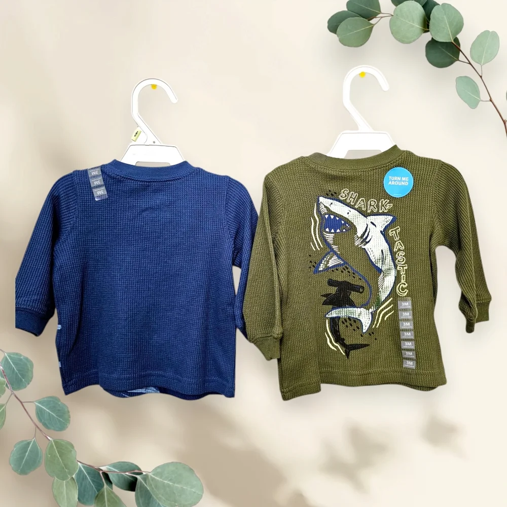 NWT Bundle 2 Carter's Baby Boy Long Sleeve Shirts - waffle-knit‎ cotton 3 M
